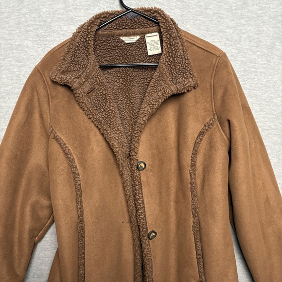 Vintage LL Bean Women Faux Suede Sherpa Lined Coat Jacket Brown Large - Picture 2 of 9